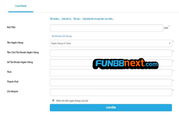 Cách điền thông tin rút tiền Fun88 chuẩn xác