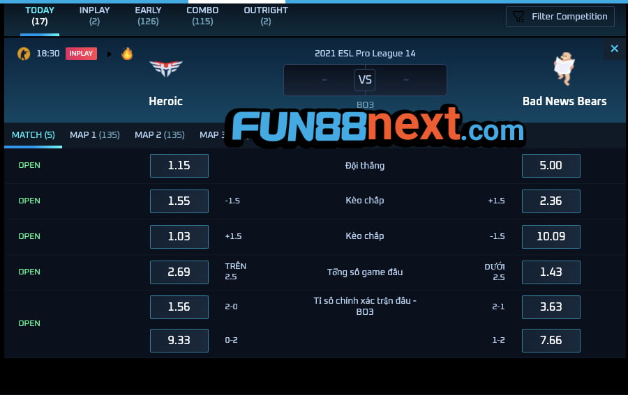 Bảng kèo CSGO online tại Fun88
