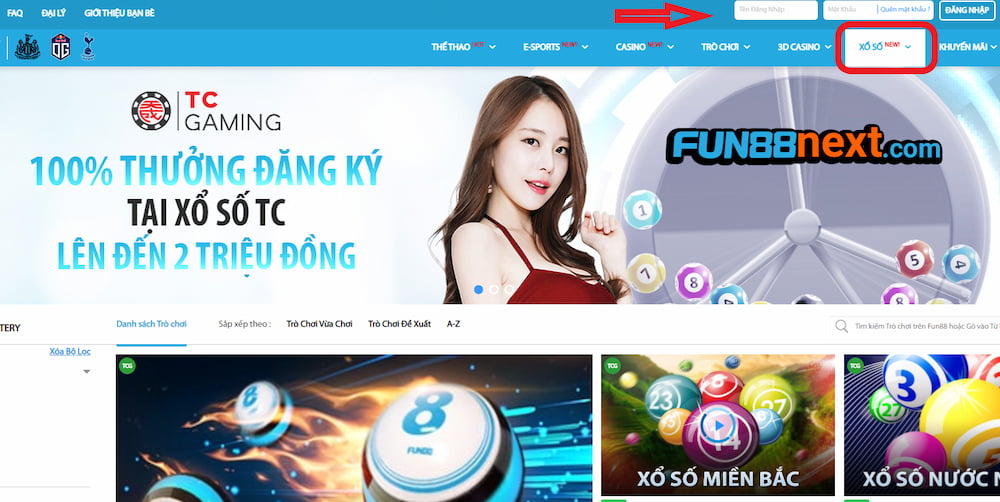 Đăng nhập Fun88 và chọn xổ số